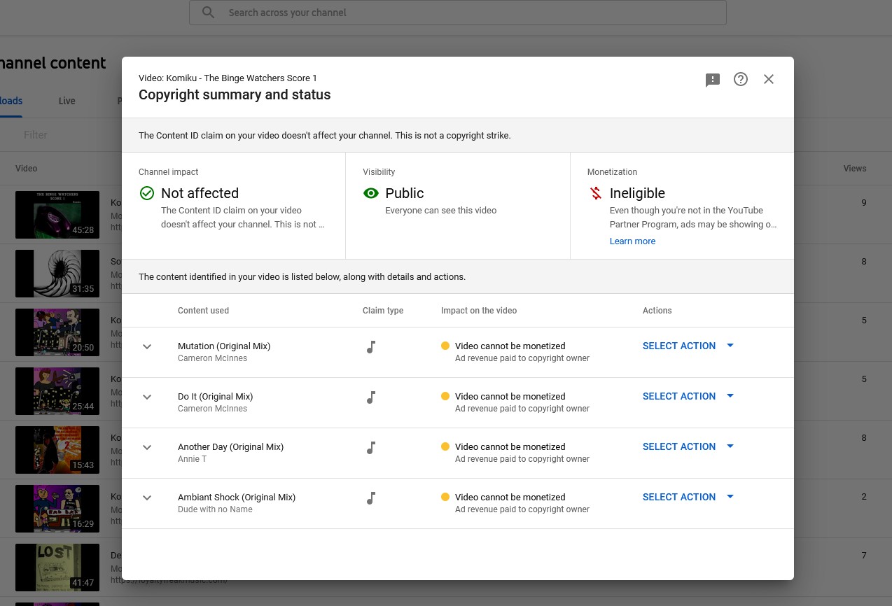 Screenshot of the Youtube Studio part of the Youtube website showing the steps to get the name of the distribution service and contest the copyright claim.