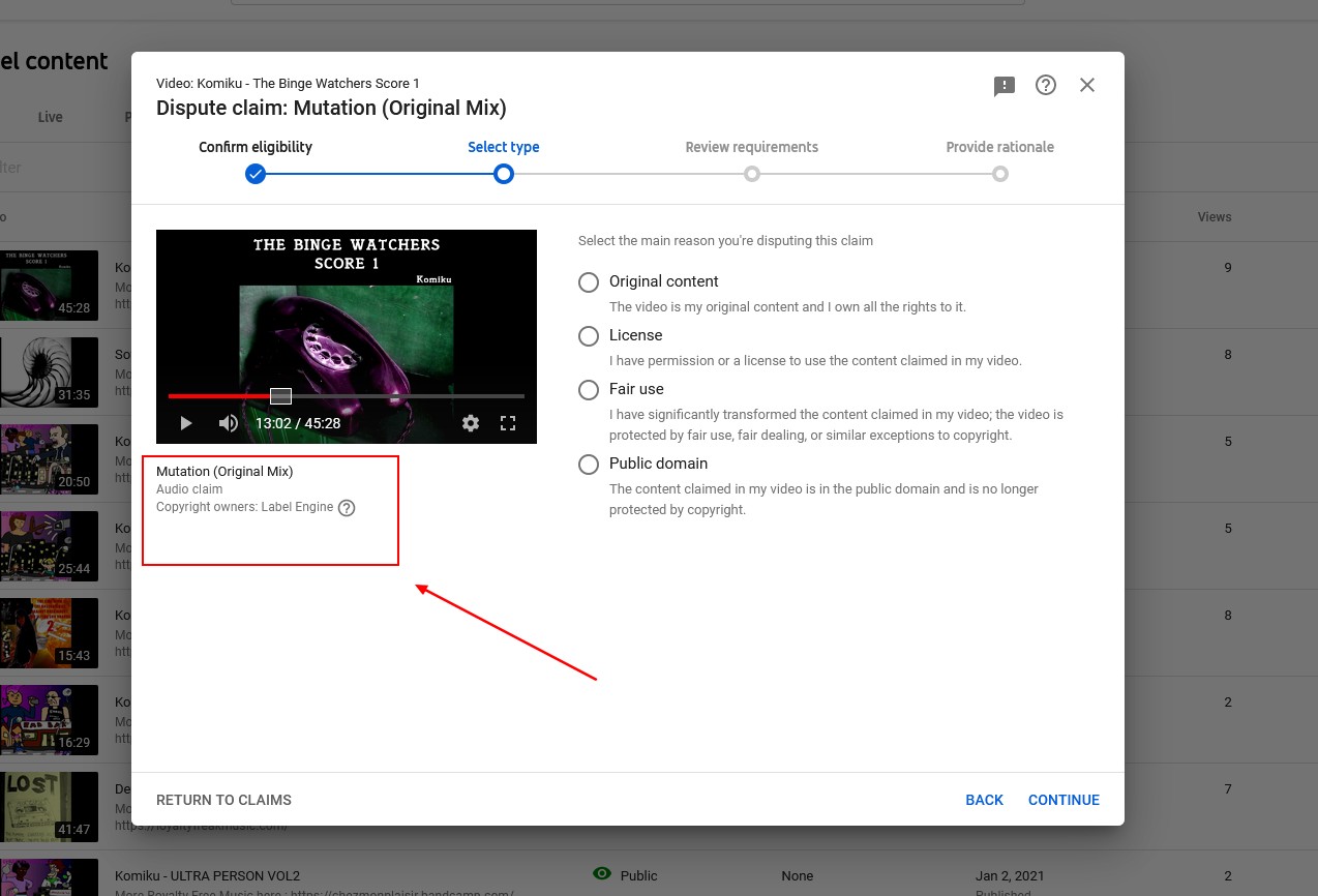 Screenshot of the Youtube Studio part of the Youtube website showing the steps to get the name of the distribution service and contest the copyright claim.