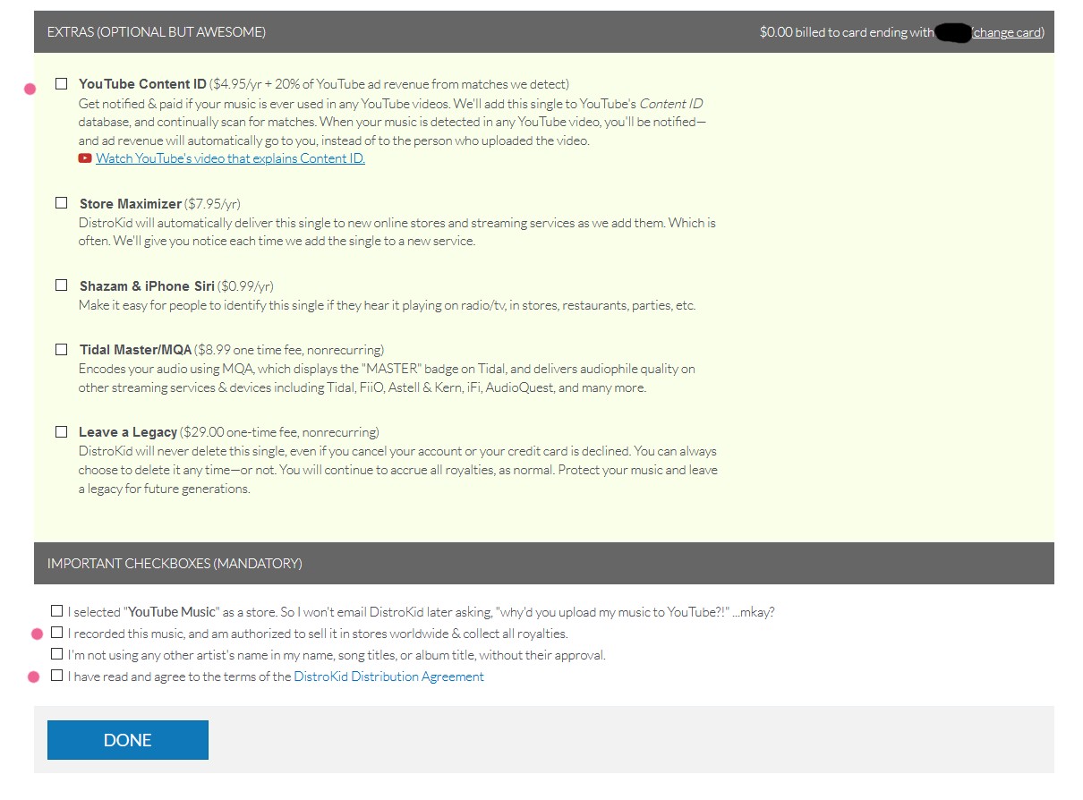 Screenshot of the distribution service Distrokid showing boxing to check to certify on our honor to activate Content ID.