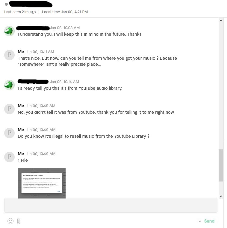 Screenshot of a chatroom on Fiverr where the seller admitted he took music from the Youtube Audio Library.