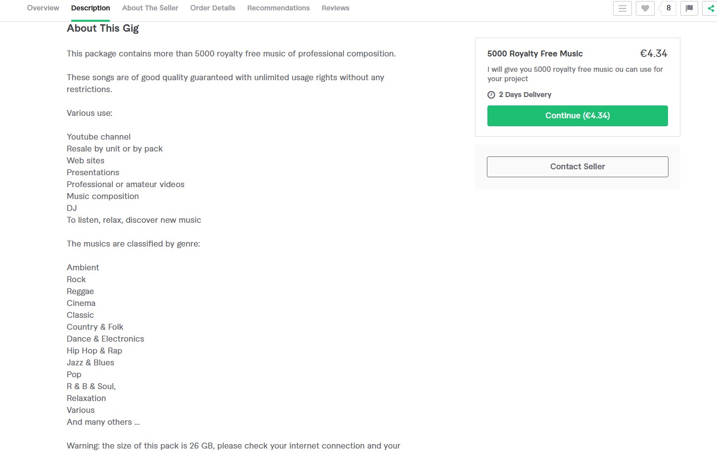 Screenshot of the website Fiverr showing an offer for a copyright free pack of music.