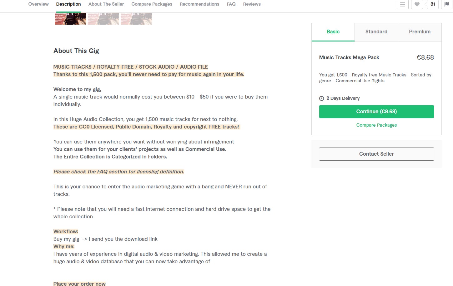 Screenshot of the website Fiverr showing an offer for a copyright free pack of music.