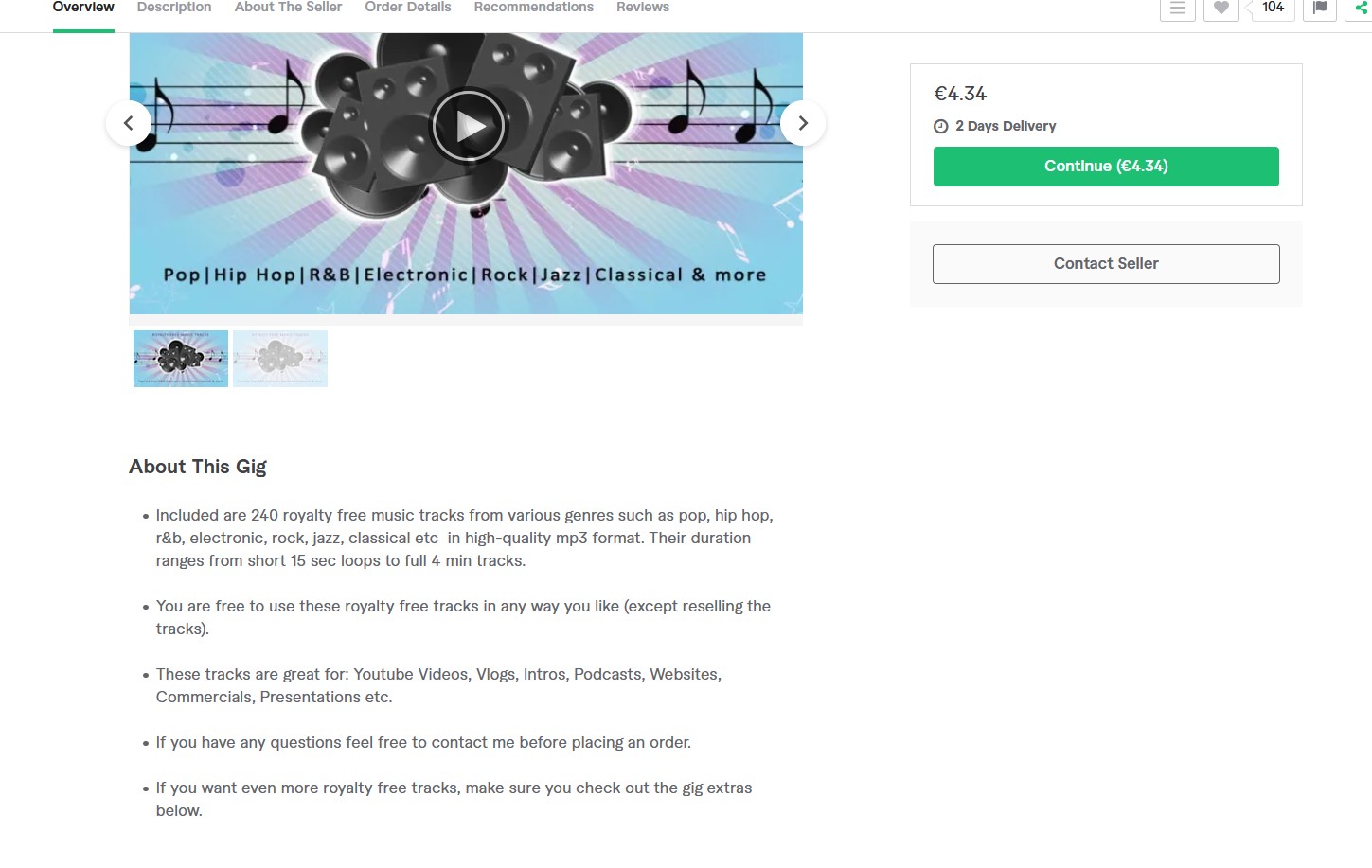 Screenshot of the website Fiverr showing an offer for a copyright free pack of music.