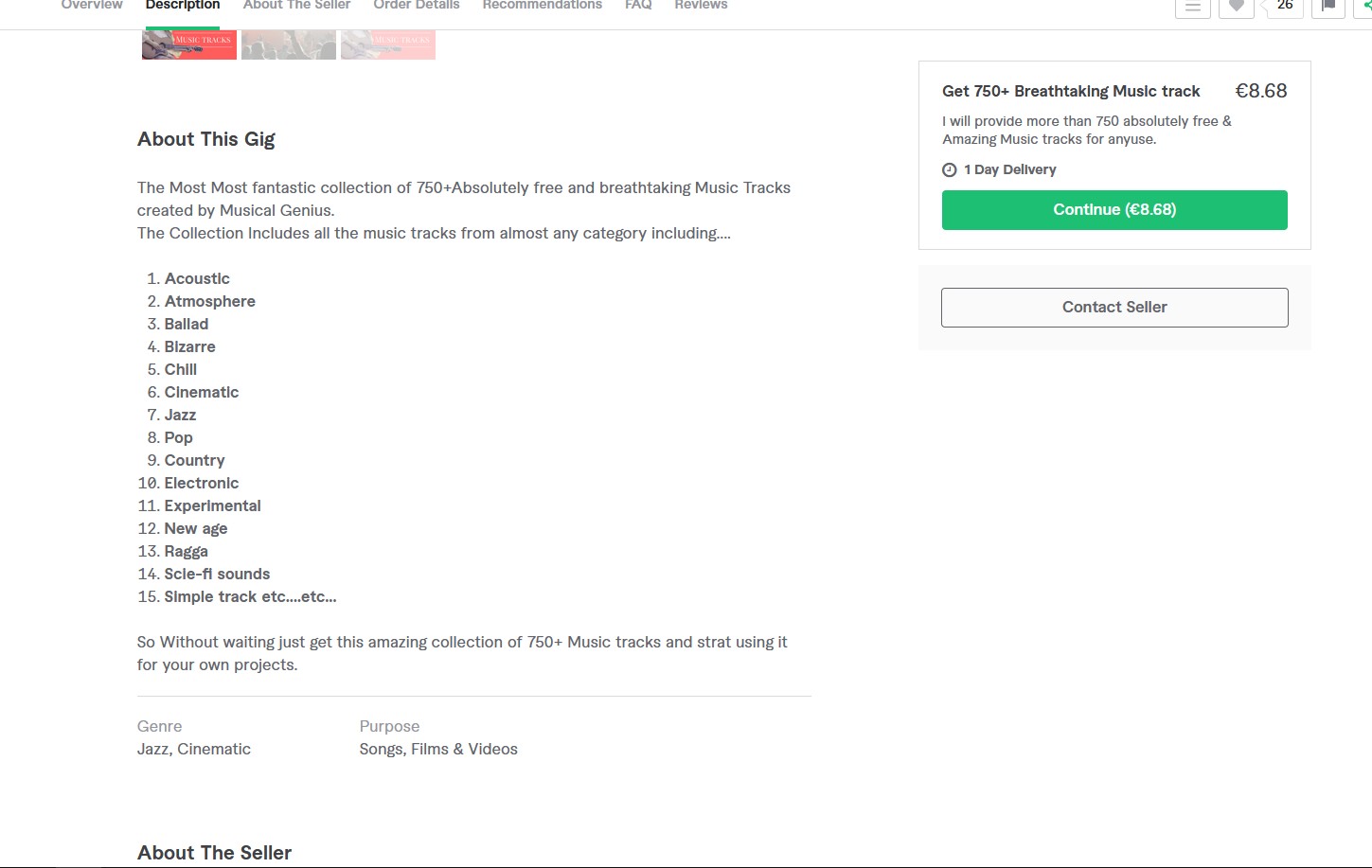 Screenshot of the website Fiverr showing an offer for a copyright free pack of music.